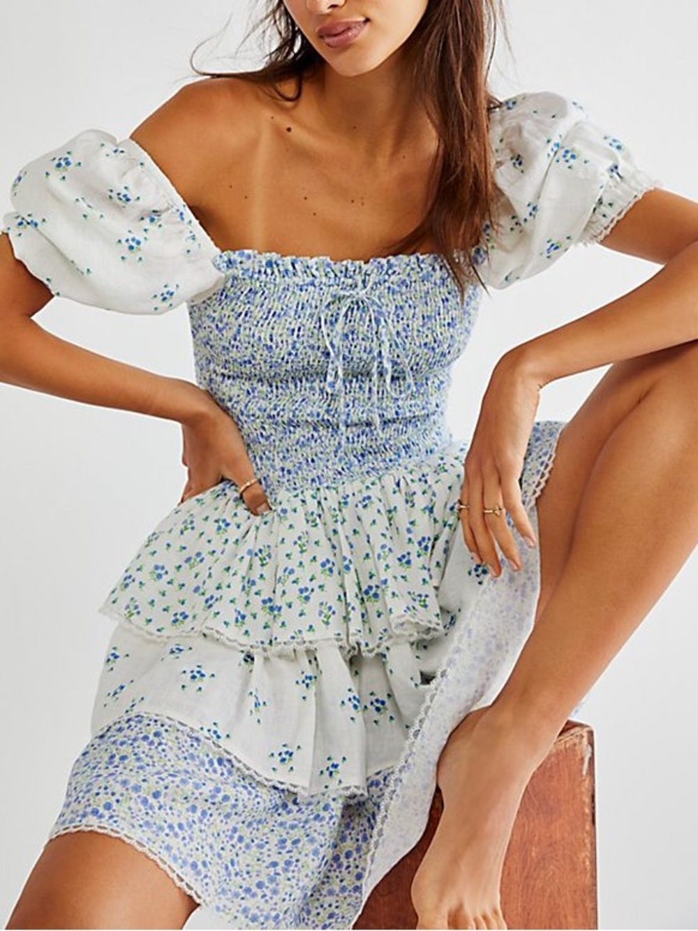 Fillyboo Blue Floral Smocked Puff-Sleeve Peplum Top Cottagecore Romantic XS